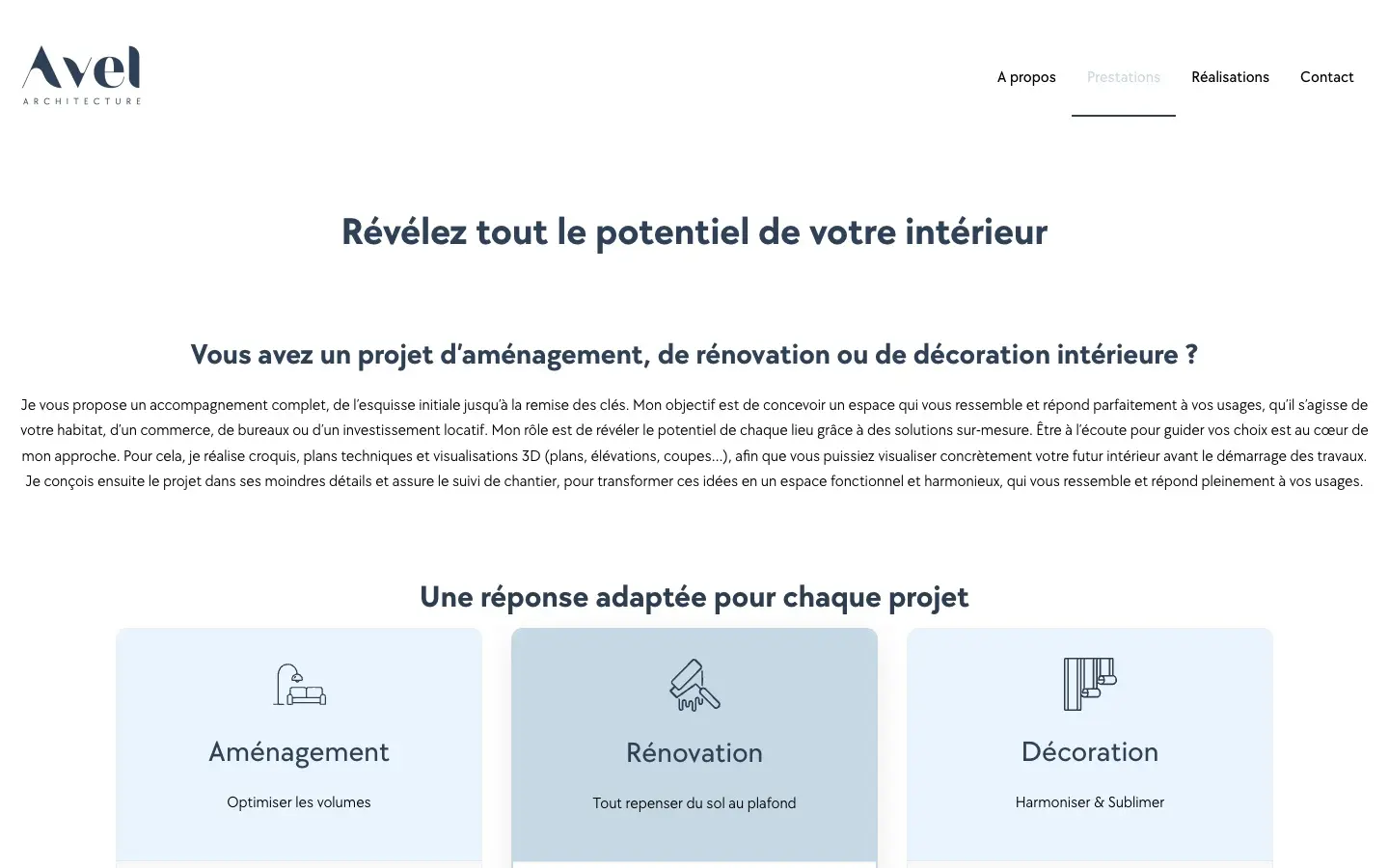 Page Prestations du site Avel